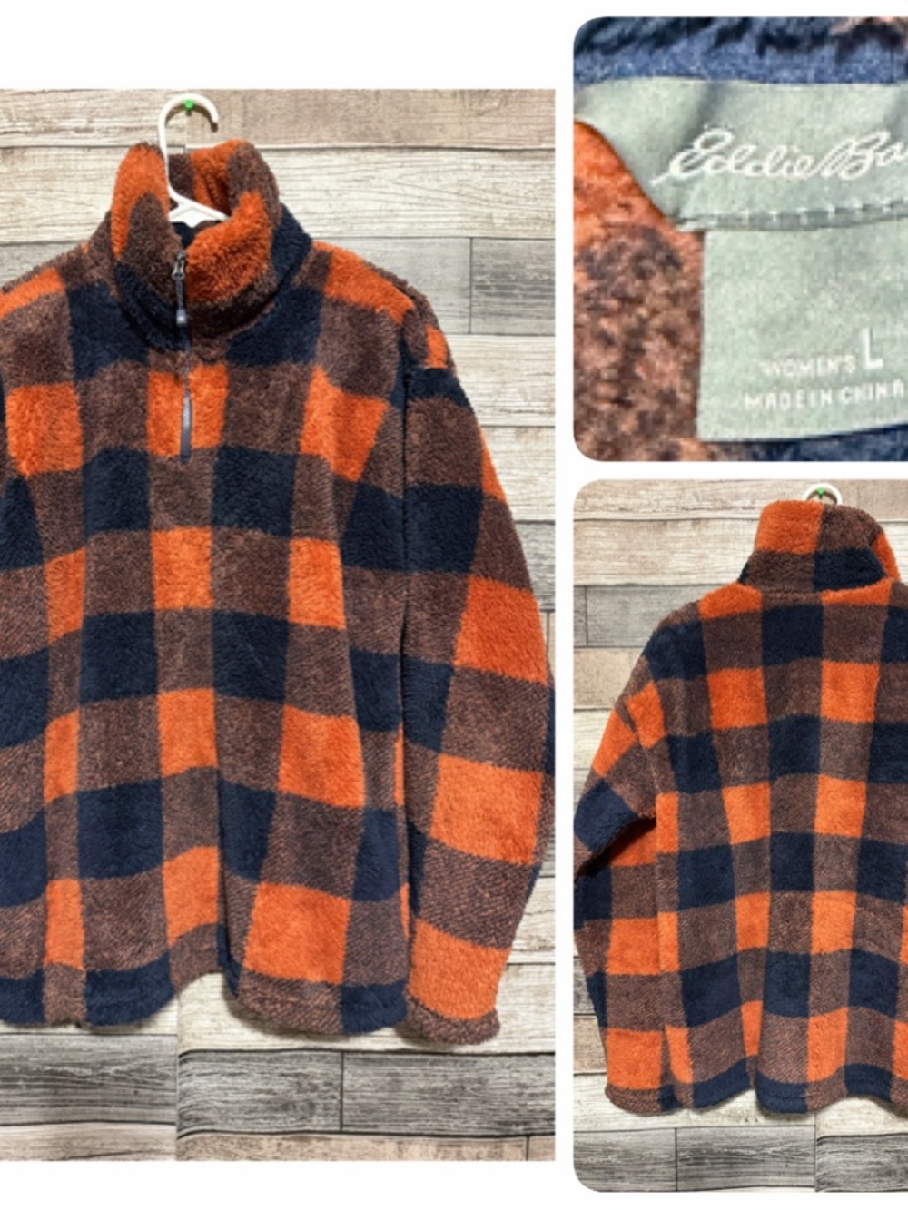 Eddie Bauer Women’s L Plaid Fleece 1/4 Zip Pullover Sweater Blue Orange